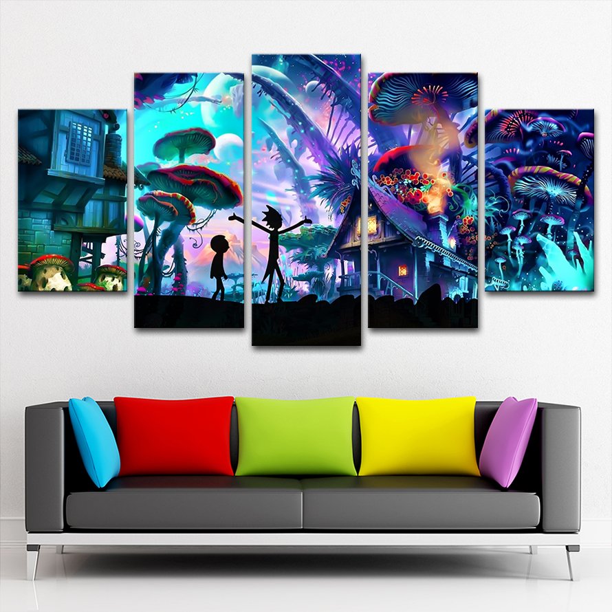 5 Panels Rick And Morty Wall Canvas Painting | Walling Shop