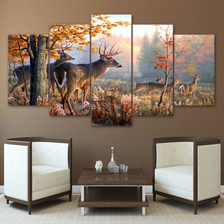 5 Panel Forest Deer Landscape Canvas Art - Walling Shop