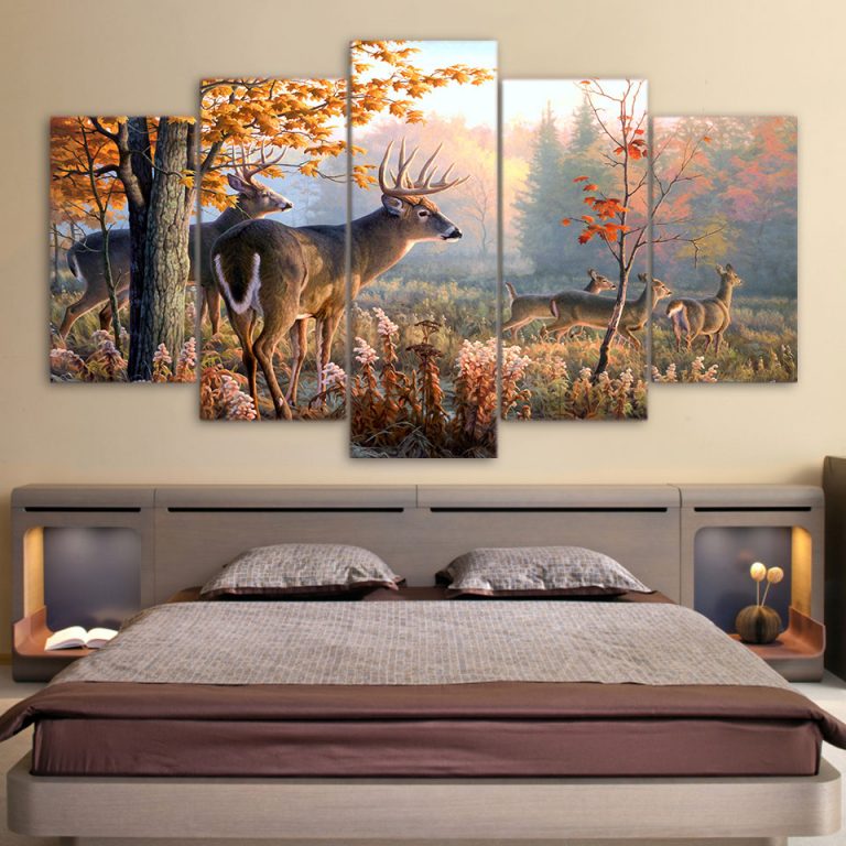 5 Panel Forest Deer Landscape Canvas Art - Walling Shop