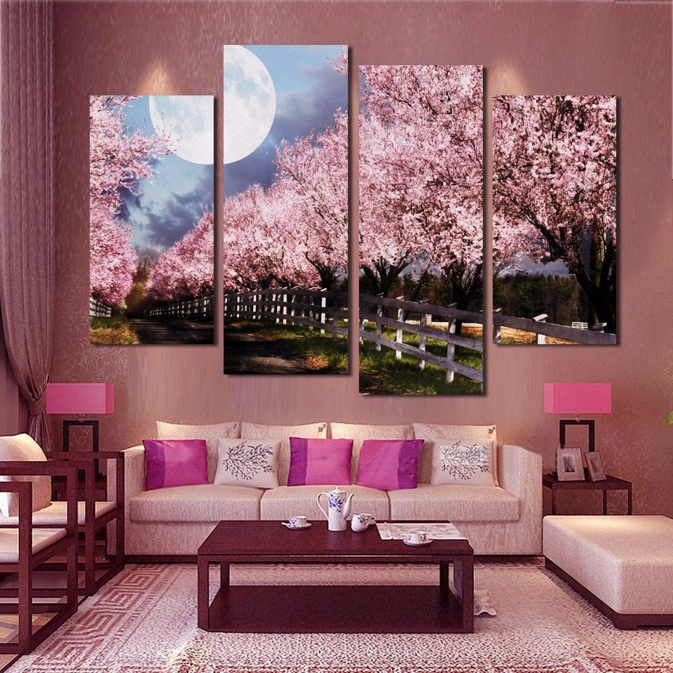 4 Panels Pink Purple Trees Landscape Wall Canvas Walling